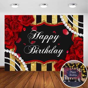 lot 2069 image: Avezano Red Rose Birthday Backdrop for Girls Woman Party Decorations Red Roses Floral Pearl Black and Gold Stripes Happy Birthday Party Banner Photoshoot Photography Background Party Supplies (7x5ft) - Retail $16