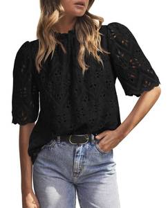 lot 2073 image: PRETTYGARDEN Womens Summer Tops 2025 Trendy Short Sleeve Eyelet Embroidered Dressy Casual Blouse Shirts (Black,Medium) - Retail $19