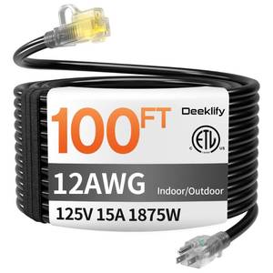 lot 2090 image: 123 100 FT Heavy Duty Outdoor Extension Cord Waterproof with Lighted End,Black 12 Gauge Extension Cord Flexible and Cold Resistant 3 Prong Grounded Plug,15Amp 1875W SJTW ETL Listed - Retail $58