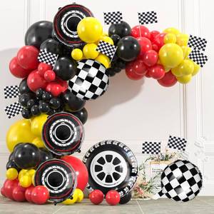 lot 2094 image: 178pcs Race Car Balloon Garland Arch, Red Black Yellow Balloons Decoration with Checkered Flags and Wheels, Racing Themed Birthday Party Supplies for Boys and Girls - Retail $15