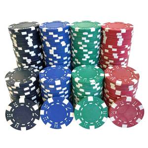 lot 2106 image: SEETOOOGAMES 200 Pieces 11.5g Clay Composite Dice Striped Casino Poker Chips- 4 Colors (red, Green, Black and Blue) - Retail $22