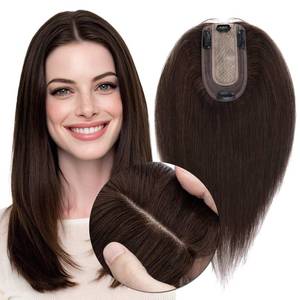 lot 2107 image: MY-LADY Human Hair Toppers for Women Real Human Hair Thin 7  13CM Silk Base with Lace Clip in Remy Hairpieces 150percent Density 14 Inch Dark Brown - Retail $91