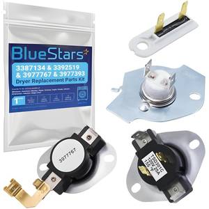 lot 2138 image: BlueStars LIFETIME WARRANTY 3387134 Cycling Thermostat 3392519 Dryer Thermal Fuse 3977393 Thermal Cut-off Switch 3977767 High-limit Thermostat Kit - Compatible with Whirlpool Kenmore Maytag Dryers - Retail $10