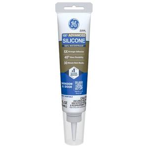 lot 2142 image: GE Advanced Silicone Caulk for Window and Door, Clear, 2.8 fl oz Tube, 1 Pack - 100percent Waterproof Silicone Sealant, 5X Stronger Adhesion, Freeze and Sun Proof - Retail $8