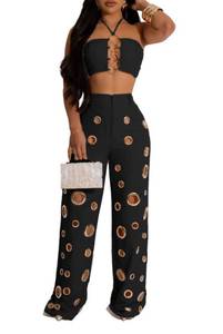 lot 2185 image: BOKITECAO Womens Sexy Hollow Out 2 Piece Outfit Crop Tops Pants Sets Bodycon Jumpsuits Outfits XL - Retail $49
