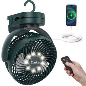 lot 2197 image: Camping Fan with Remote Control - 12000mAh Rechargeable Battery Powered Fan, Camping Fans for Tents with LED light and Hanging Hook, Rechargeable Battery Operated Ceiling Fans for Tent RV Bed, Green - Retail $28