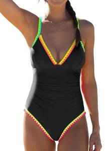 lot 2210 image: popvil Womens One Piece Swimsuit Tummy Control Bathing Suit Shapewear Swim Suits Slimming Neon Cute Tie Back Swimwear L - Retail $36