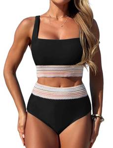 lot 2214 image: ZAFUL Womens High Waisted Bikini Set High Rise Two Piece Swimsuits Cute Bathing Suits High Waist Tummy Control Ruched Bikini Bottom Black L - Retail $33