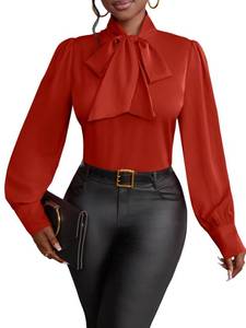 lot 2221 image: Vrtige Womens Elegant Bow Tie Neck Long Sleeve Blouse Office Shirt Top Red Medium - Retail $30