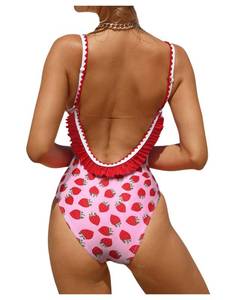 lot 2225 image: Verdusa Womens One Piece Swimsuit Cut Out Ruffled Open Back Spaghetti Strap Swimwear Strawberry Medium - Retail $35