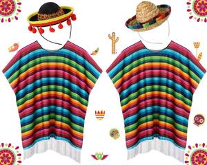 lot 2228 image: JaGely 4 Pcs Cinco De Mayo Mexican Fiesta Serape Poncho Fabric and Straw Sombrero Headbands Mexican Costume (Retro) - Retail $31