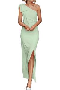 lot 2233 image: PRETTYGARDEN Womens Summer One Shoulder Long Formal Dresses Sleeveless Ruched Bodycon Cocktail Evening Slit Maxi Dress (Light Green,Medium) - Retail $65