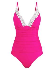 lot 2234 image: ZAFUL Womens Tankini Sets 2 Piece Swimsuit Deep V Neck Lace Panel Trim Vest Swimwear Tummy Control Bikini Rose Red M - Retail $10