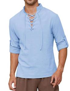 lot 2240 image: Vinsekep Mens Long Sleeve Lace up Shirt Renaissance Pirate Viking Medieval Costume Halloween Cosplay Solid Light Blue XL - Retail $14,420