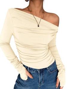 lot 2241 image: Zenlonr Womens Casual Long Sleeve Shirts 2025 Slim Fit Off Shoulder Going Out Crop Tops Y2K Tight T Shirts M - Retail $10
