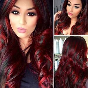 lot 2247 image: Sallcks Black Red Wig for Women Long Wavy Wig Highlights Layered Silky Middle Part 2 Tone Synthetic Cosplay Costume Wigs - Retail $21