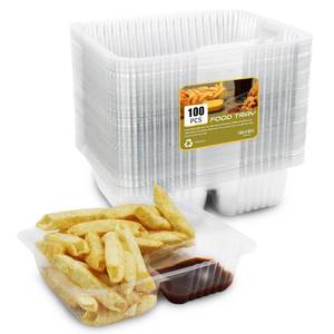lot 12397 image: AHKUNMT 100 PC Nacho Trays Disposable, 12oz Plastic Nacho Containers with Chip and Dip Holder, 6x5 In 2 Compartments Clear Snack Trays for Kids,Parties, Movie Night Supplies (Plastic-100pc) - Retail $13