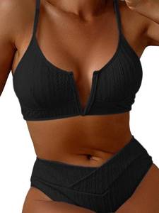 lot 12423 image: HYTENSUN Womens V Cut High Waisted Bikini Ribbed V-Wired Cami Two Pieces Swimsuit Black - Retail $27