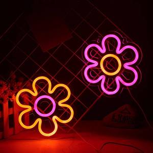 lot 12430 image: Bonuci 2 Pieces Flower Neon Sign 7.87 Inch Daisy LED Lights USB Powered Pink Retro Flower Shaped Neon Sign for Room Wall Decor Home Shop Wedding Birthday Party Decoration(Pink, Yellow) - Retail $27