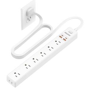 lot 12433 image: 6 Ft Power Strip Surge Protector - 7 Outlets 4 USB Ports (2 USB C), Ultra Thin Flat Extension Cord and Flat Plug, 1700 Joules, Wall Mount, Desk Charging Station for Home Office Dorm, White - Retail $15