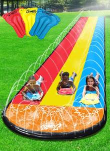 lot 15560 image: JAMBO Premium Triple Water Slide with 3 Bodyboards, 20Ft Heavy Duty Slip Splash and Slides-Advanced 3-Way Sprinkler System, Splash Pad Mat Backyard Summer Outdoor Water Toys n Long Slides for Kids - Retail $46