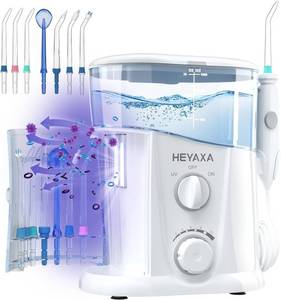lot 15565 image: HEYAXA Water Dental Flosser for Teeth Cleaning with 1000ML Large Capacity and UV Storage, 10 Adjustable Pressure Electric Oral Irrigator with 7 Jet Tips for Home Use, Gums, Braces (White) - Retail $40