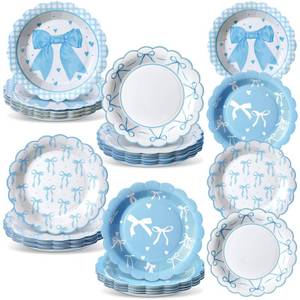 lot 15569 image: Jingmore 100 Pcs Blue Bow Paper Plates 7 Disposable Paper Plates Blue Coquette Bow Dessert Set for Girl Bachelorette Bridal Engagement Baby Shower Birthday - Retail $19