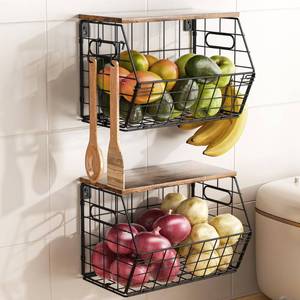 lot 15570 image: Delamu Stackable Metal Fruit Basket with Wood Lid 2-Pack,Hanging Wall Organizer for Kitchen Counter,Pantry Storage for Onions,Potatoes,Fruits,Spices,Black - Retail $37