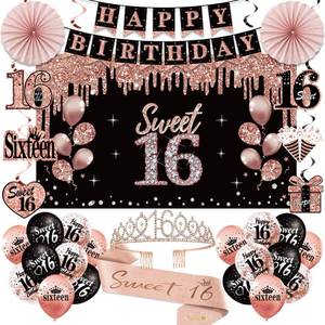 lot 15571 image: 16th Birthday Decorations for Girls, 33pcs Sweet 16 Crown and Sash, Black Rose Gold Happy 16th Birthday Banner Balloons Backdrop Hanging Swirls Paper Fans, Sixteen Party Decorations Kit - Retail $25
