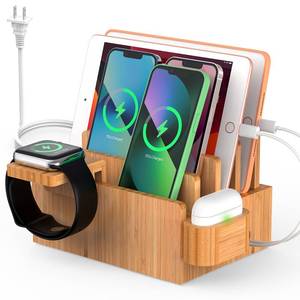 lot 15576 image: Pezin and Hulin Bamboo Charging Station for Multiple Devices with 5 Port USB Charger, 5 Cables, WatchandEarbuds Stand, Electronic Device Desktop Organizer for Cellphone, Tablet, Watch, Earbuds - Retail $52