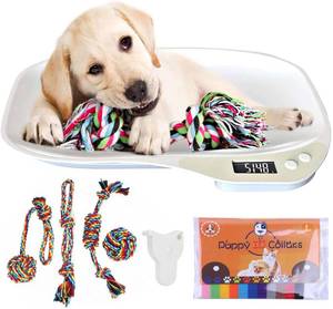 lot 15582 image: YTCYKJ Integrated Puppy Scale,Multi-Function LCD Scale Digital Weight with 4 Dog RopeToy15 Adjustable Puppy Collars,Perfect PuppyKittyHamsterHedgehog,Capacity up to 33 lb,Length 11inch White - Retail $204