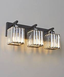 lot 15591 image: QYE Modern Crystal Bathroom Vanity Light, 3-Light Black and Gold Wall Sconce, Elegant Vanity Lighting Fixture for Bathroom, Over Mirror, Square Crystal Shade, Includes Bulbs - Retail $40