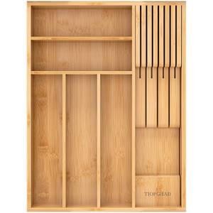 lot 15594 image: TIOPGHAD Small-Bamboo-Silverware-Drawer-Organizer, Expandable Utensil Kitchen Cutlery Tray Flatware Organization Adjustable Wood Tableware Dividers Storage (with Removable Knife Block)(Natural) - Retail $23