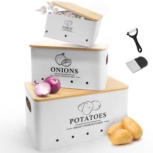 lot 15607 image: Dekosilave Kitchen Vegetable Storage Set of 3, Metal Onion Garlic Potato Storage Set, Kitchen Canisters Vegetable Keeper Containers with Aerating Holes and Wooden Lid (White) - Retail $40