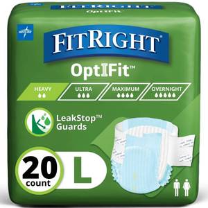 lot 15608 image: FitRight Adult Diapers, Extra Heavy Absorbency, L (Waist Size 44in-56in), 20 Count, OptiFit Incontinence Briefs for Men and Women, Disposable, Moisture-Wicking, Leak Protection, - Retail $12