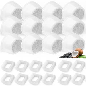 lot 15621 image: 24 Pack Cat Water Fountain Filters Replacement, 12 Carbon Filters and 12 Foam Sponge Pre-Filter Fit for Multiple Ceramic and Stainless Steel Pet Fountains - Retail $19