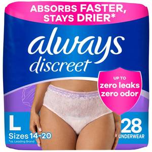 lot 15629 image: Always Discreet Adult Incontinence Underwear for Women and Postpartum Underwear, Large, Up to 100percent Bladder Leak Protection, 28 Count - Retail $19