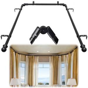 lot 15637 image: ERVNYNT Bay Window Curtain Rods146-187 inch Black 1 Inch Diamer Adjustable Sturdy Bay Window Curtain Rod 3 Sided 59-78.7 Inch Side Rods for Windows for Living Room Bedroom And Sliding Windows - Retail $36