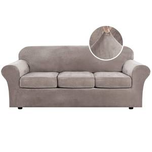 lot 15645 image: H.VERSAILTEX Modern Velvet Plush High Stretch Sofa Slipcover Furniture Protector Form Fit Luxury Thick Sofa Cover for 3 Cushion Couch, Machine Washable Width Up to 90 Inch (Sofa,Taupe), 4 Piece - Retail $46