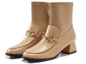 lot 15647 image: Junayuan Womens Square Toe Ankle Boots Chunky Low Heel Metal Chain Side Zipper Dress Fall Booties Shoes, Khaki, Size 6.5
