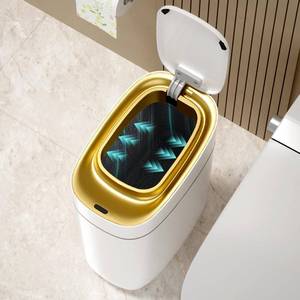 lot 15648 image: ELPHECO Slim Bathroom Trash Can with Lid, 2.5 Gallon Automatic Adsorption Garbage Can, Sensor Trash Bin, Slim Waterproof Garbage Can, Smart Waste Bin for Narrow Space, Bag Self-Absorbing, Golden - Retail $30