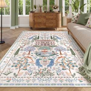 lot 15649 image: LIVEBOX Living Room Rug 5x7 Rug, Machine Washable Area Rugs for Bedroom, Non-Slip Low Pile Carpet Floral Rugs for Living Room, Dining Room, Farmhouse, Nursery Room, Playroom, Beige - Retail $50