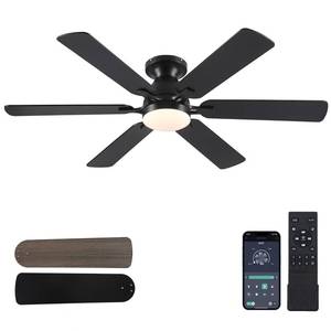 lot 15652 image: Ceiling Fans with Lights- 52 Low Profile Indoor Ceiling Fan with Light and RemoteAPP Control, Flush Mount, 6 Blade, LED Dimmable DC Reversible Modern Ceiling Fan for BedroomBlack - Retail $50in