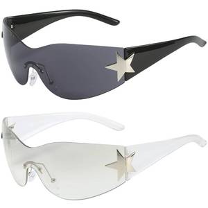 lot 16060 image: Dollger Trendy Y2K Sunglasses Women Men Rimless Wrap Around Sunglasses Fufuristic Y2K Fashion Visor 2000 Glasses Shield Black Shades - Retail $19