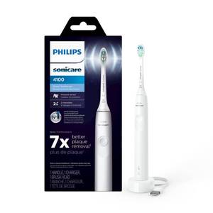 lot 16079 image: Philips Sonicare 4100 Rechargeable Electric Toothbrush, with Pressure Sensor, 2 Intensity Settings, SmarTimer and QuadPacer, 14-Day Battery Life, White, Model HX368123 - Retail $50