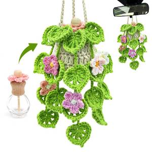 lot 16114 image: Crochet Car Air Freshener, 15ml Empty Refillable Oil Diffuser Bottle with Hanging Crochet Flowers Plant for Car Rearview Mirror Decor Air Freshener Diffuser for Home, and Office Decor(Flowers) - Retail $17
