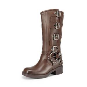 lot 5875 image: DREAM PAIRS Womens Knee High Riding Boots Slip On Motorcycle Boots Square Toe Chunky Heel Fashion Buckles Biker Boots,Size 7.5,TAN,SDKB2416W - Retail $52
