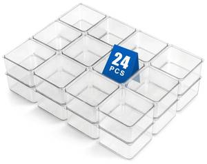 lot 5876 image: Hudgan 24-Piece Small Plastic Drawer Organizer Bins, Stackable Makeup Vanity and Office Desk Drawer Dividers, 3.5 x 3.5in x 2in Square Trays - Retail $20in