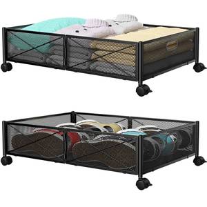 lot 5877 image: PHINOX Under Bed Storage with wheels, Under the Bed Storage Containers,Upgrade Crossed Iron Wire, Metal Rolling Underbed Storage Containers for Bedroom Clothes Shoes Blankets-2 Pack,Black - Retail $39