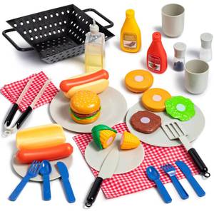 lot 5882 image: 27 PCS Kids BBQ Grill Playset Backyard Barbecue Play Grill Toy Set for Toddlers, Play Food Sets for Kids Kitchen - Retail $30